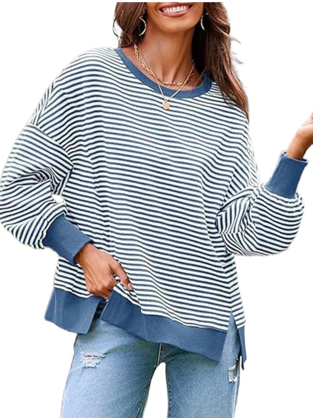 Amazon Oversized Blue Striped Sweater With Exposed Seam And Spilt Hem Details.